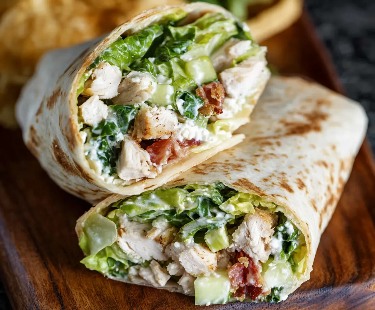 Fresh Chopped Chicken Caesar Salad Wrap with crispy lettuce and creamy Caesar dressing.