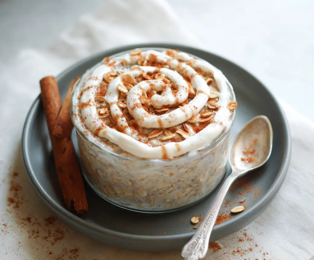 Creamy Cinnamon Roll Overnight Oats topped with icing and cinnamon swirl for a delicious breakfast.
