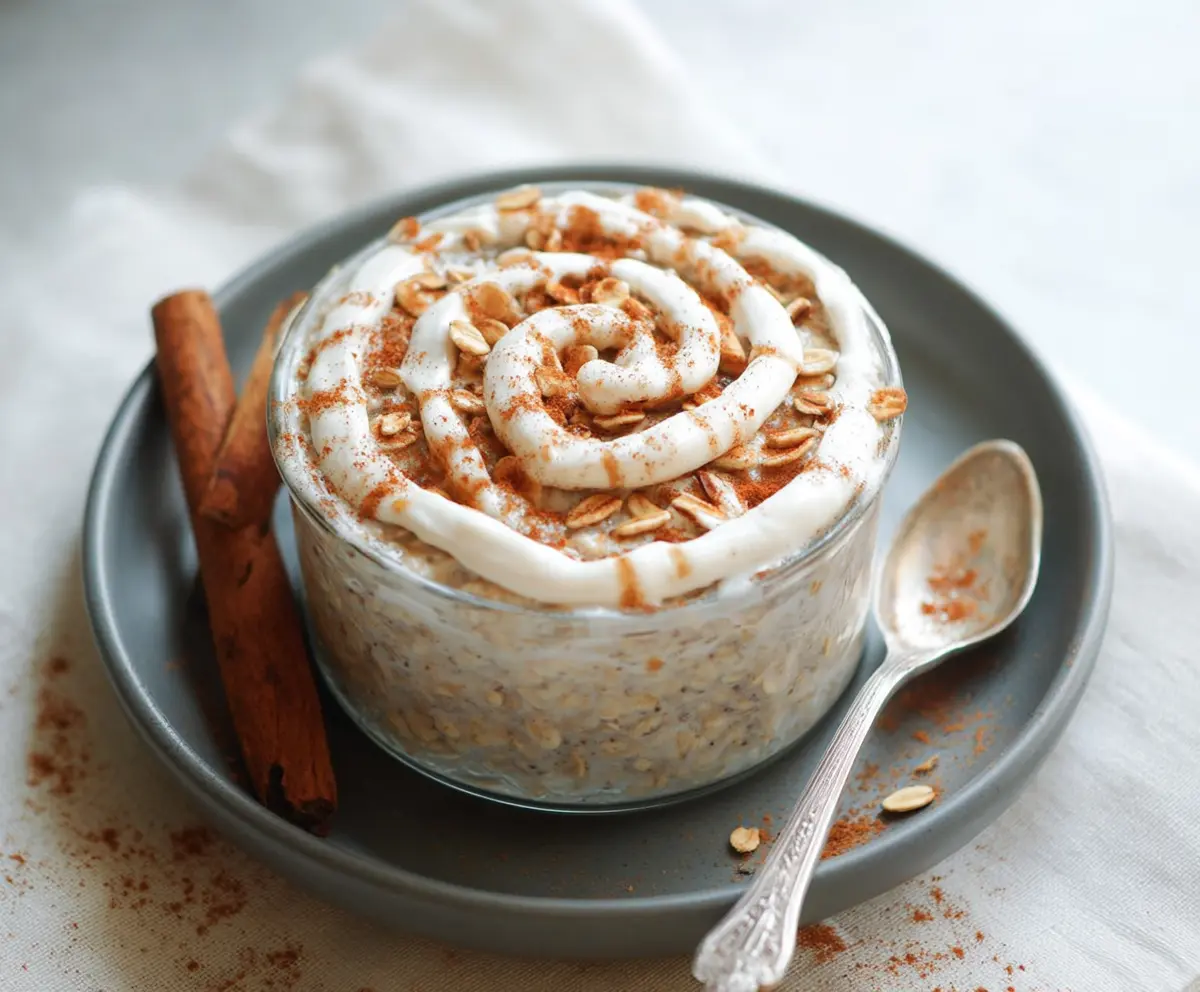 Creamy Cinnamon Roll Overnight Oats topped with icing and cinnamon swirl for a delicious breakfast.