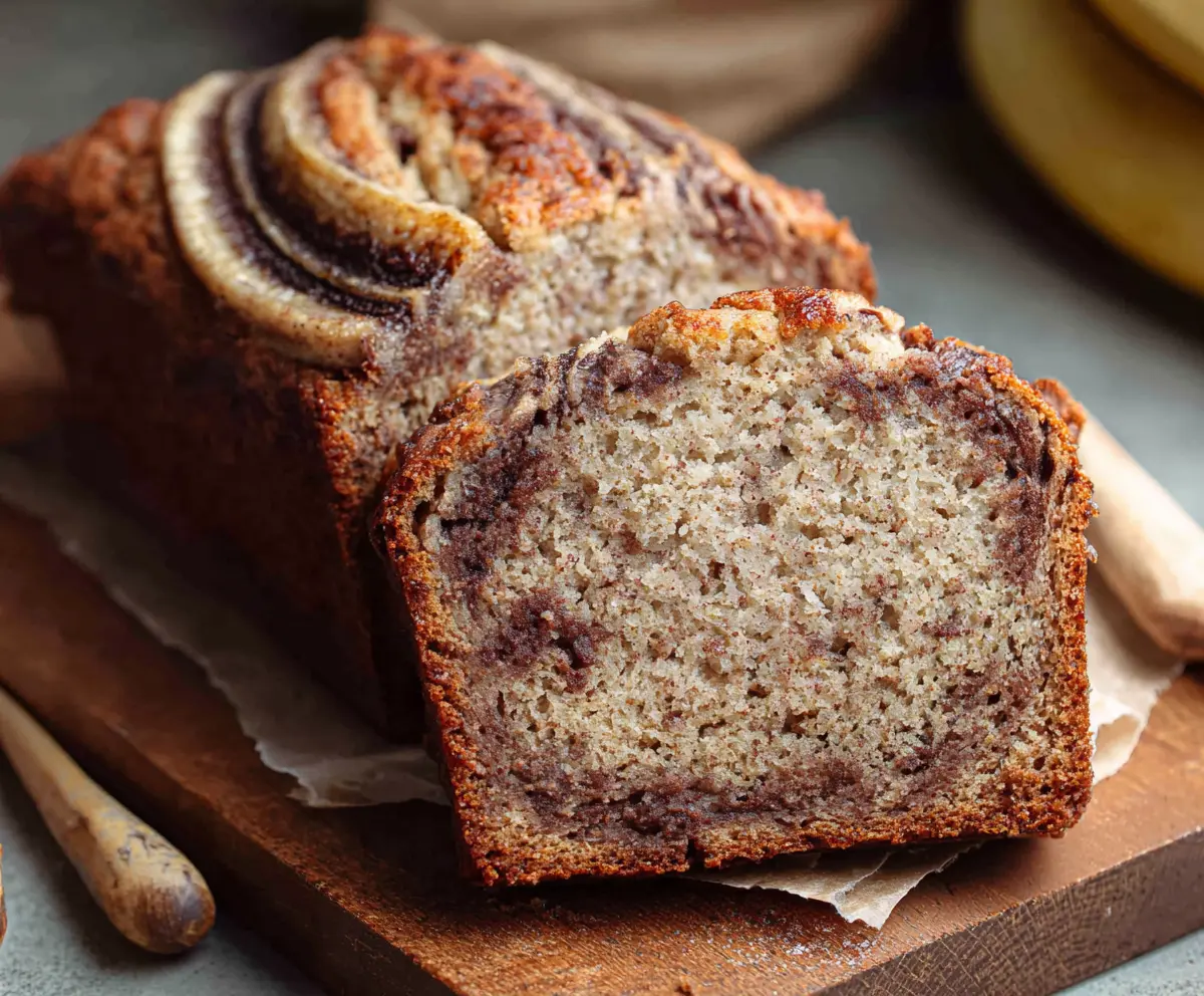 Delicious cinnamon swirl banana bread sliced on a plate with a cinnamon stick garnish.