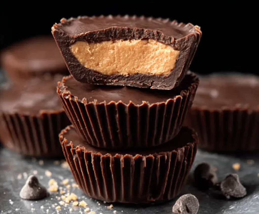 Delicious homemade Reese’s peanut butter cups with smooth peanut butter and chocolate coating.