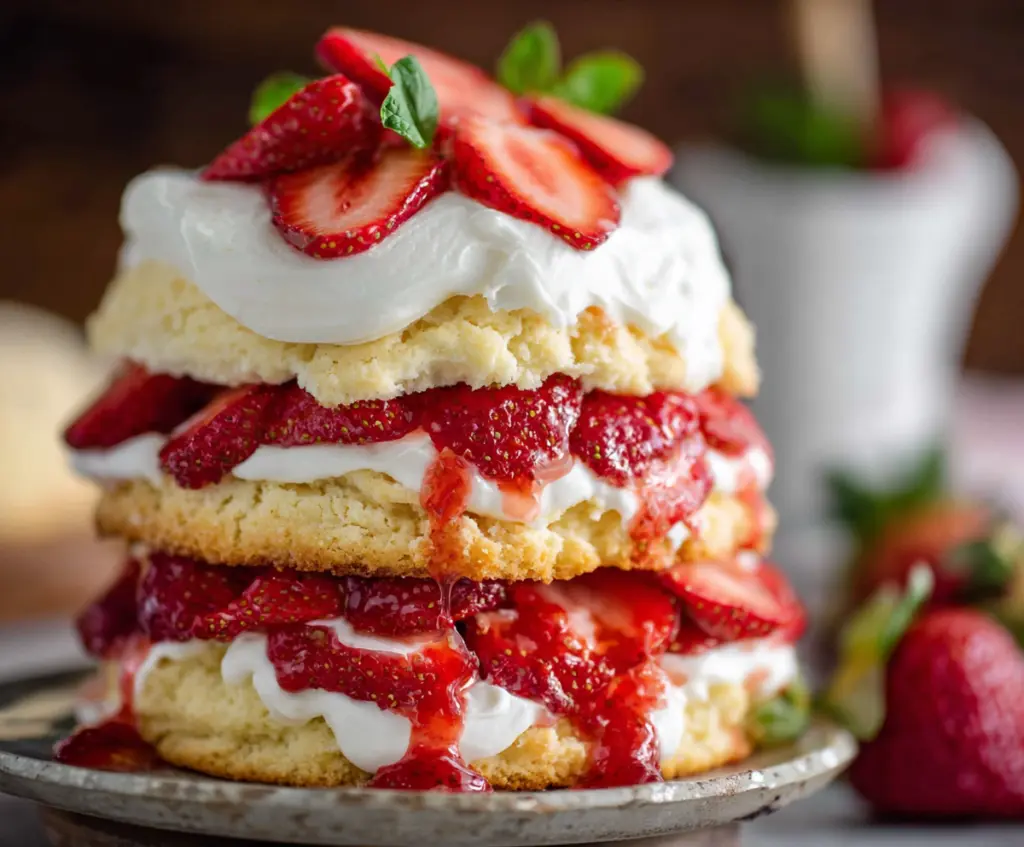 Delicious classic strawberry shortcake with fresh strawberries, fluffy whipped cream, and golden sponge cake on a plate.