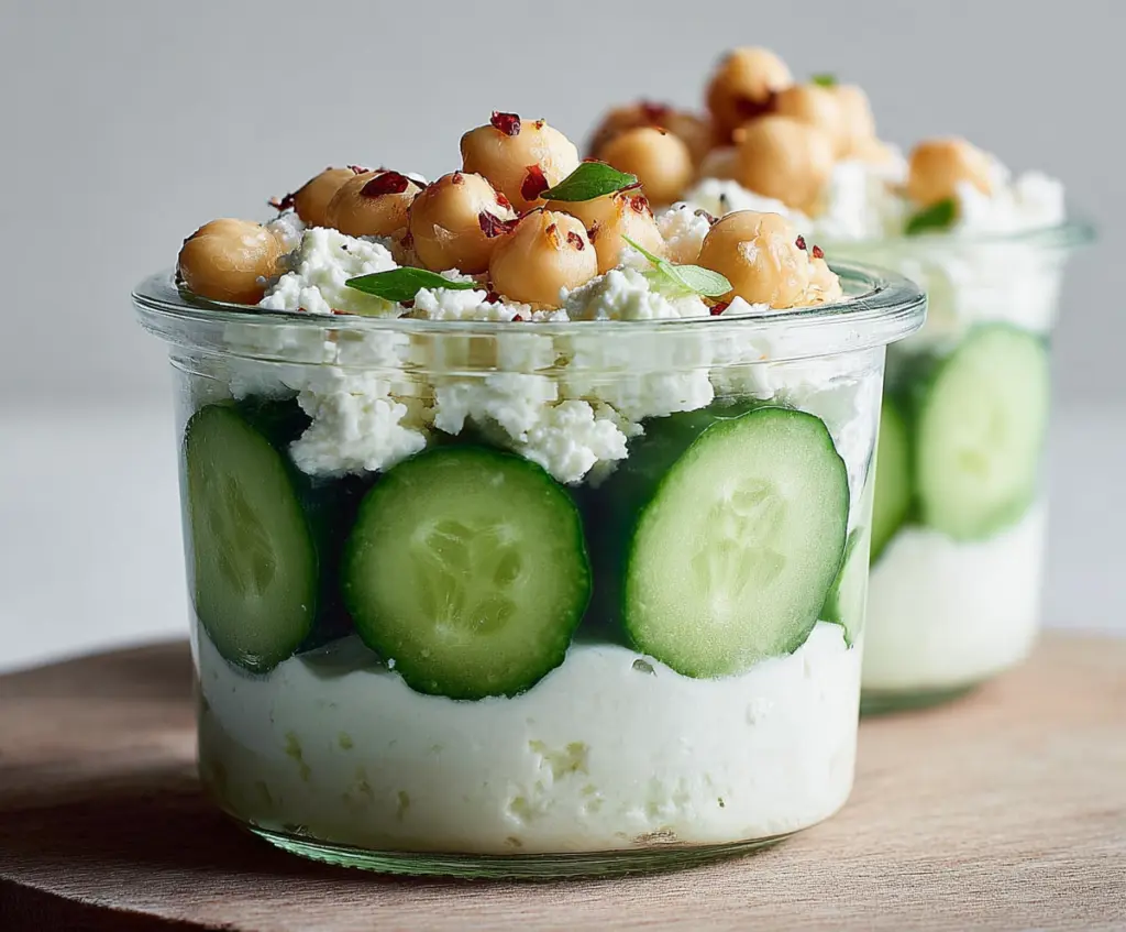 Delicious Cottage Cheese Cucumber Snack Cups garnished with herbs on a white plate