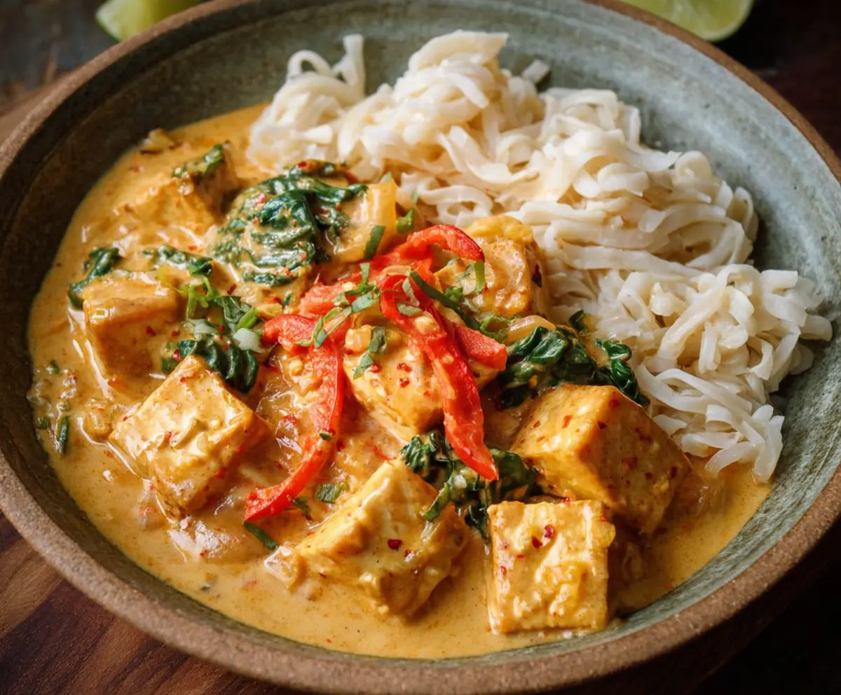Creamy coconut curry tofu served with fresh vegetables, ideal for vegan dinner recipes.