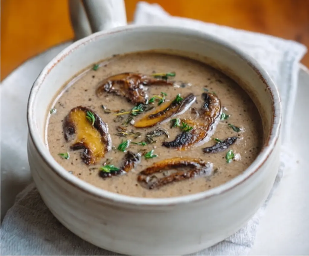 A bowl of creamy mushroom thyme soup garnished with fresh herbs, served steaming hot.