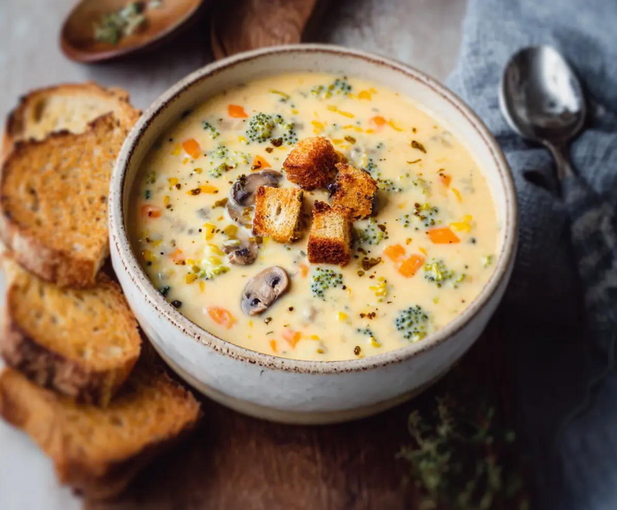 A bowl of creamy vegetable soup with colorful fresh vegetables and herbs for a healthy meal.