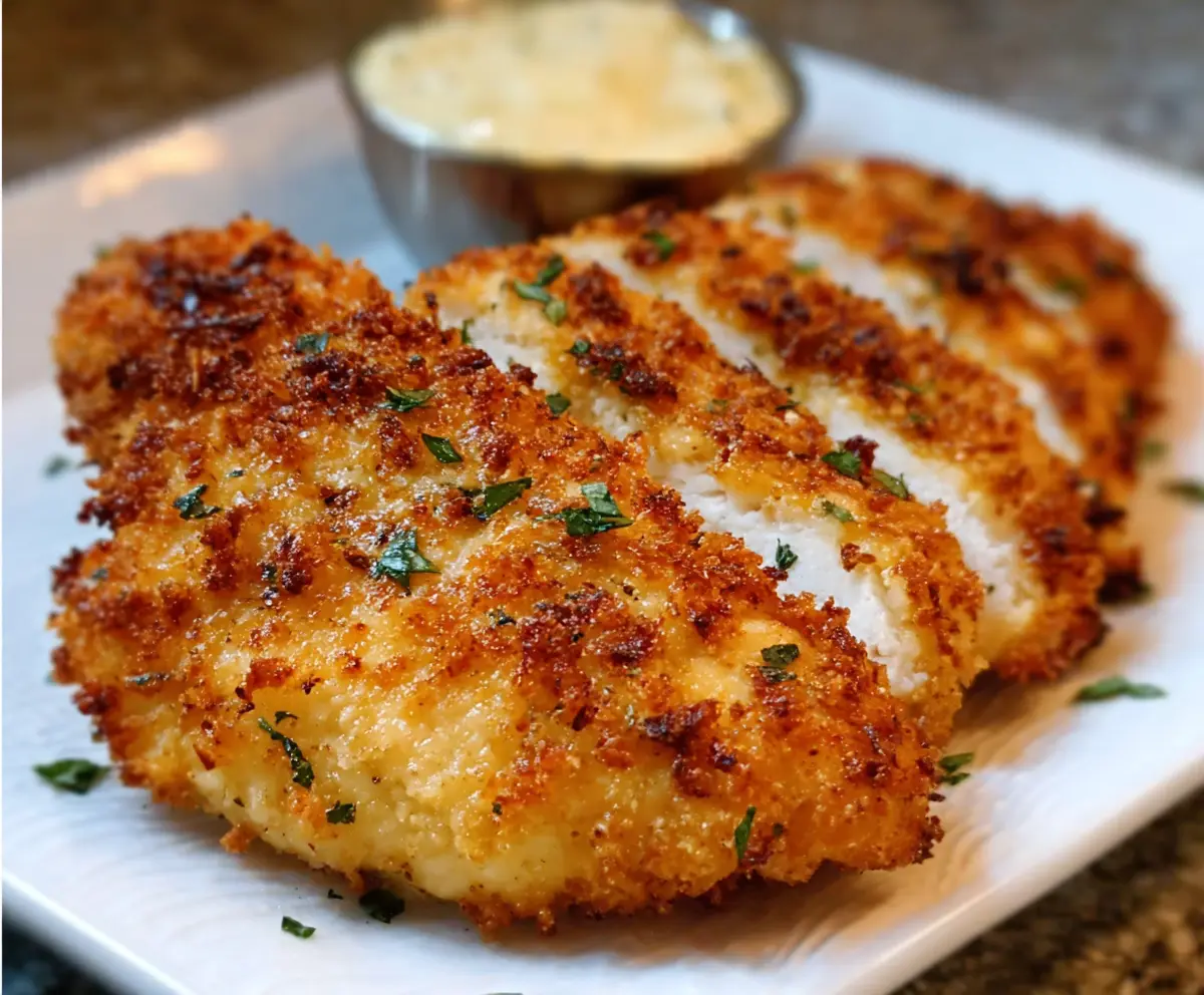 Crispy air fryer Parmesan crusted chicken served on a plate with fresh herbs