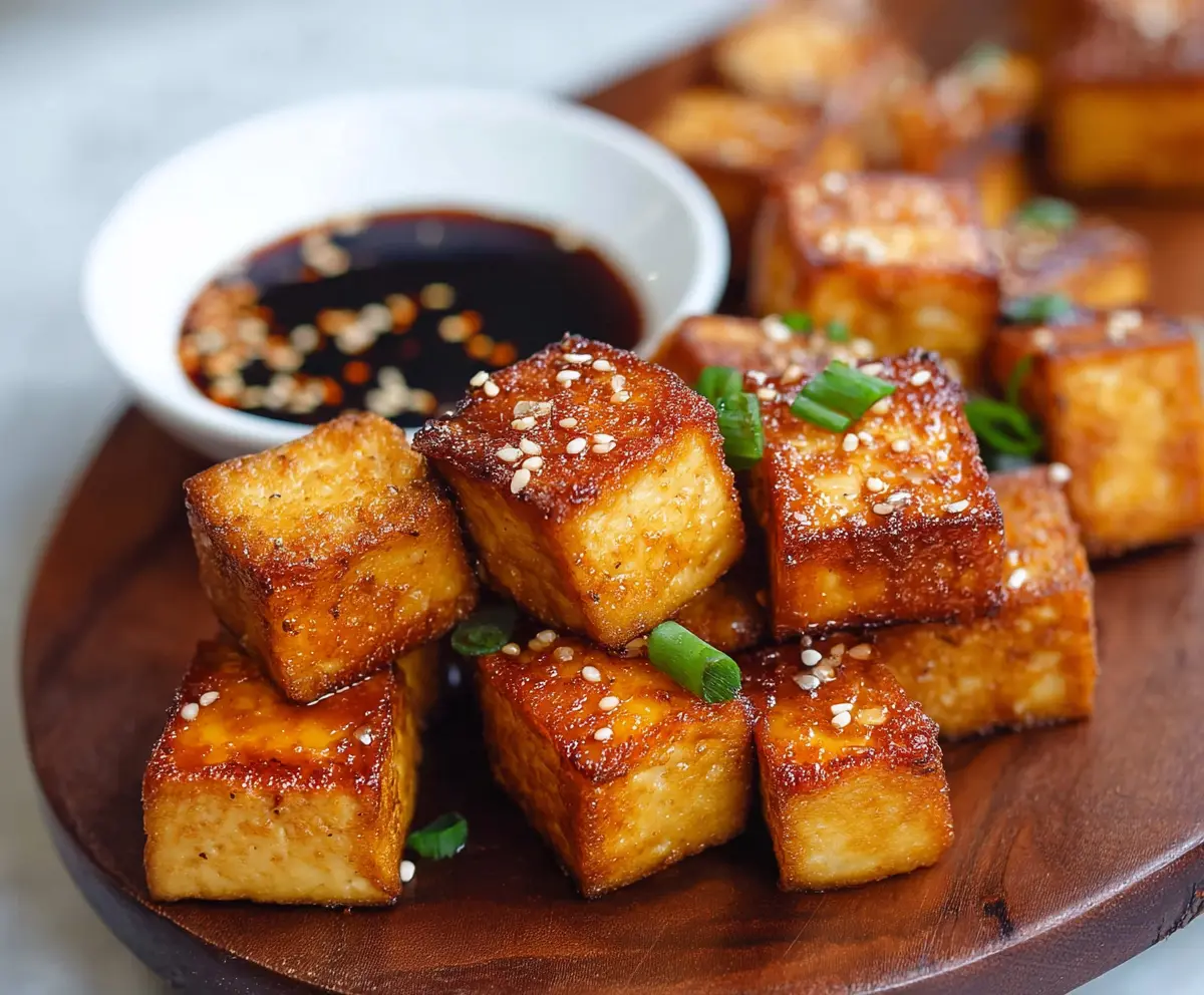 Golden and crispy baked tofu pieces on a plate, perfect for a healthy vegan recipe