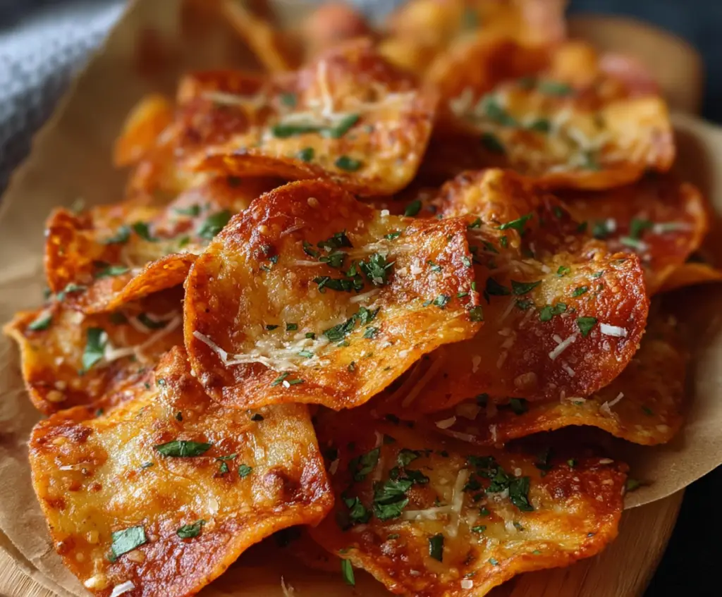 Delicious crispy pizza chips garnished with herbs and melted cheese, perfect as a snack.