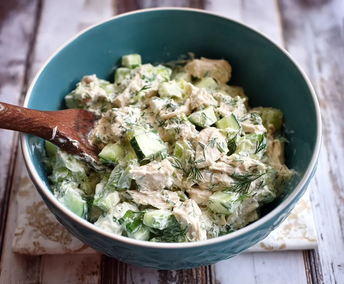 Fresh cucumber and dill Greek yogurt rotisserie chicken salad served in a bowl, highlighting healthy ingredients.