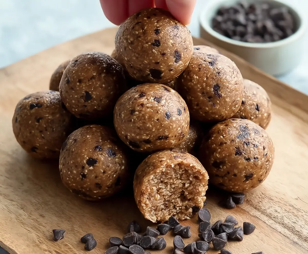 Healthy Kodiak Cakes protein balls with nuts and oats in a clear glass bowl.