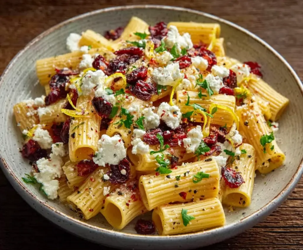 Fresh Feta and Cranberry Rigatoni Salad drizzled with Lemon Vinaigrette on a white plate.