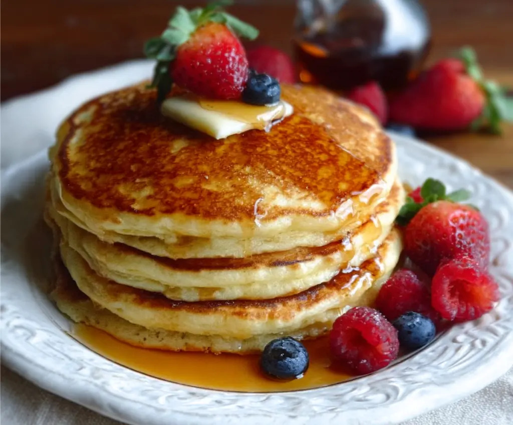 Image of fluffy sourdough discard pancakes stacked on a plate, showcasing their golden-brown top and airy texture.