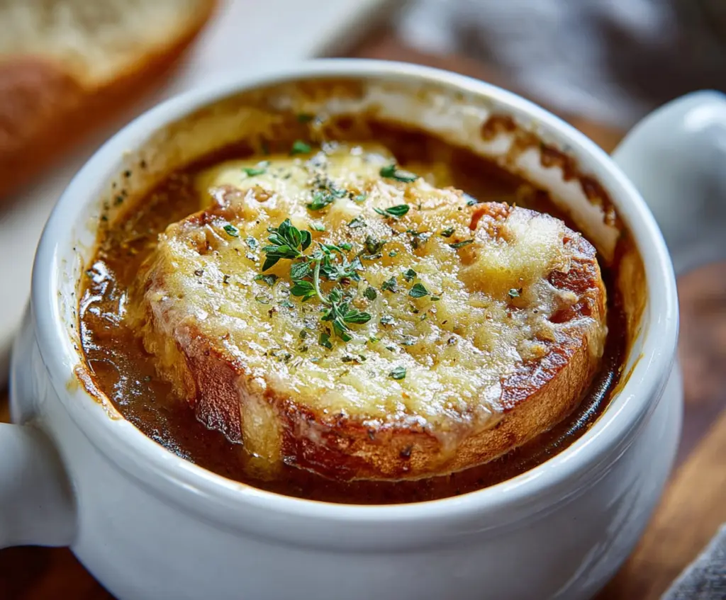 Delicious French Onion Soup topped with melted cheese and toasted bread slices.
