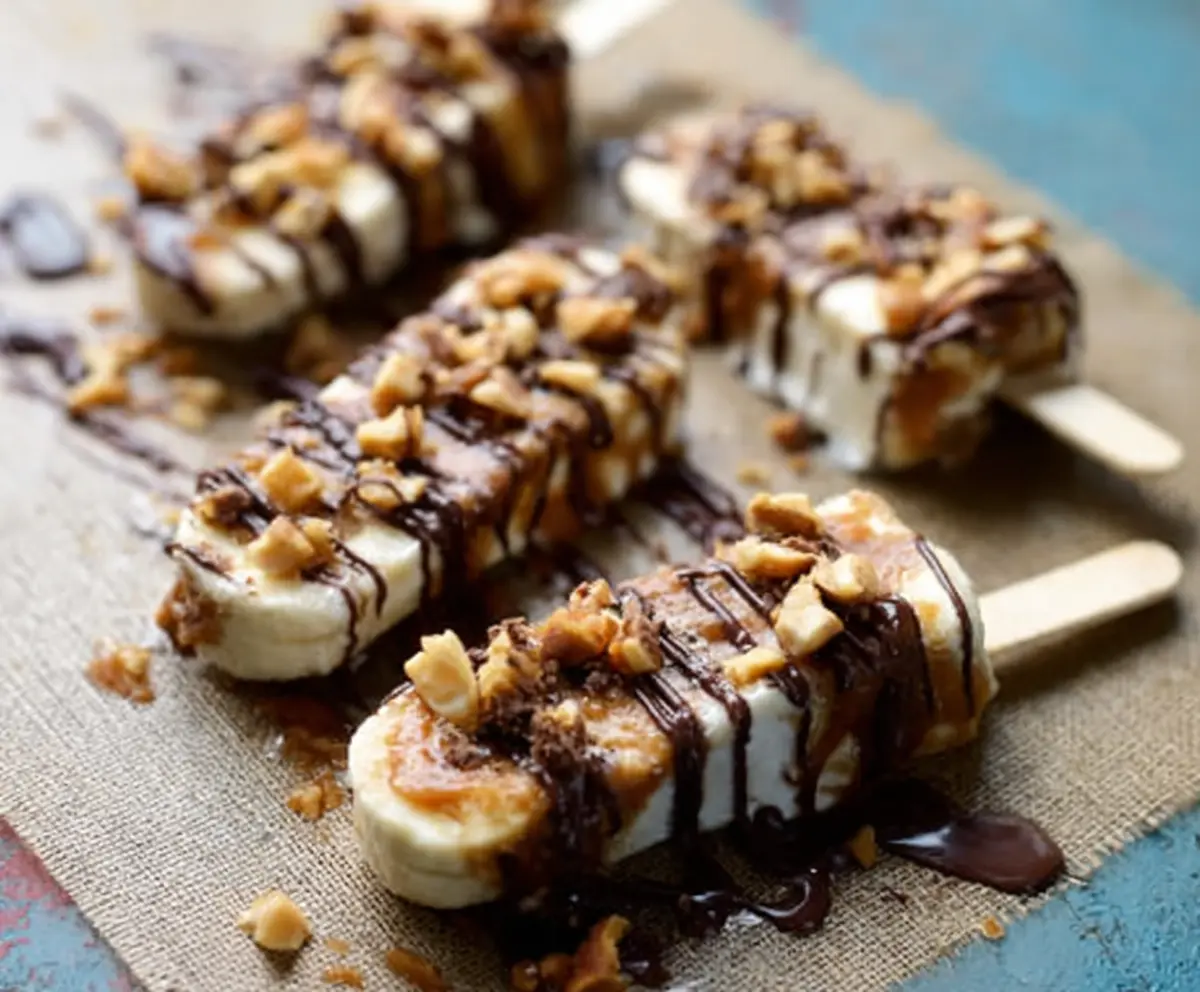 Delicious Frozen Banana Snickers dessert with creamy banana and rich Snickers chocolate topping