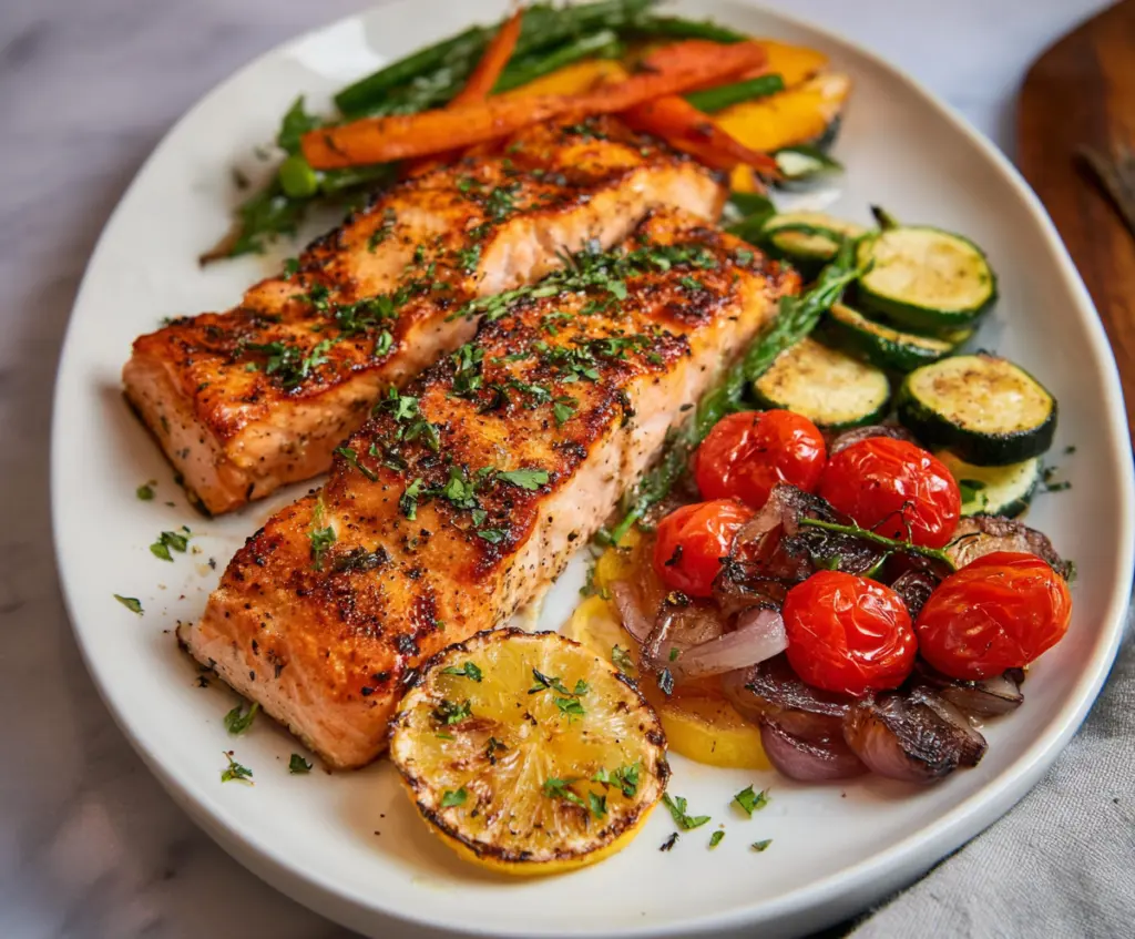 Delicious grilled salmon served with roasted vegetables on a plate.