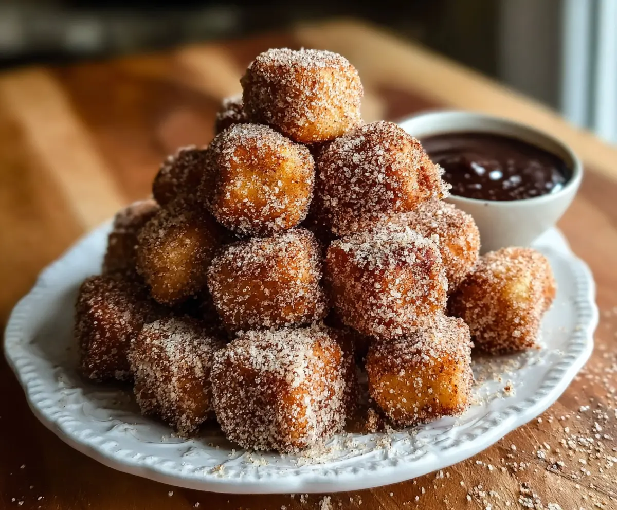 Delicious healthy air fryer churro bites garnished with cinnamon sugar on a white plate.