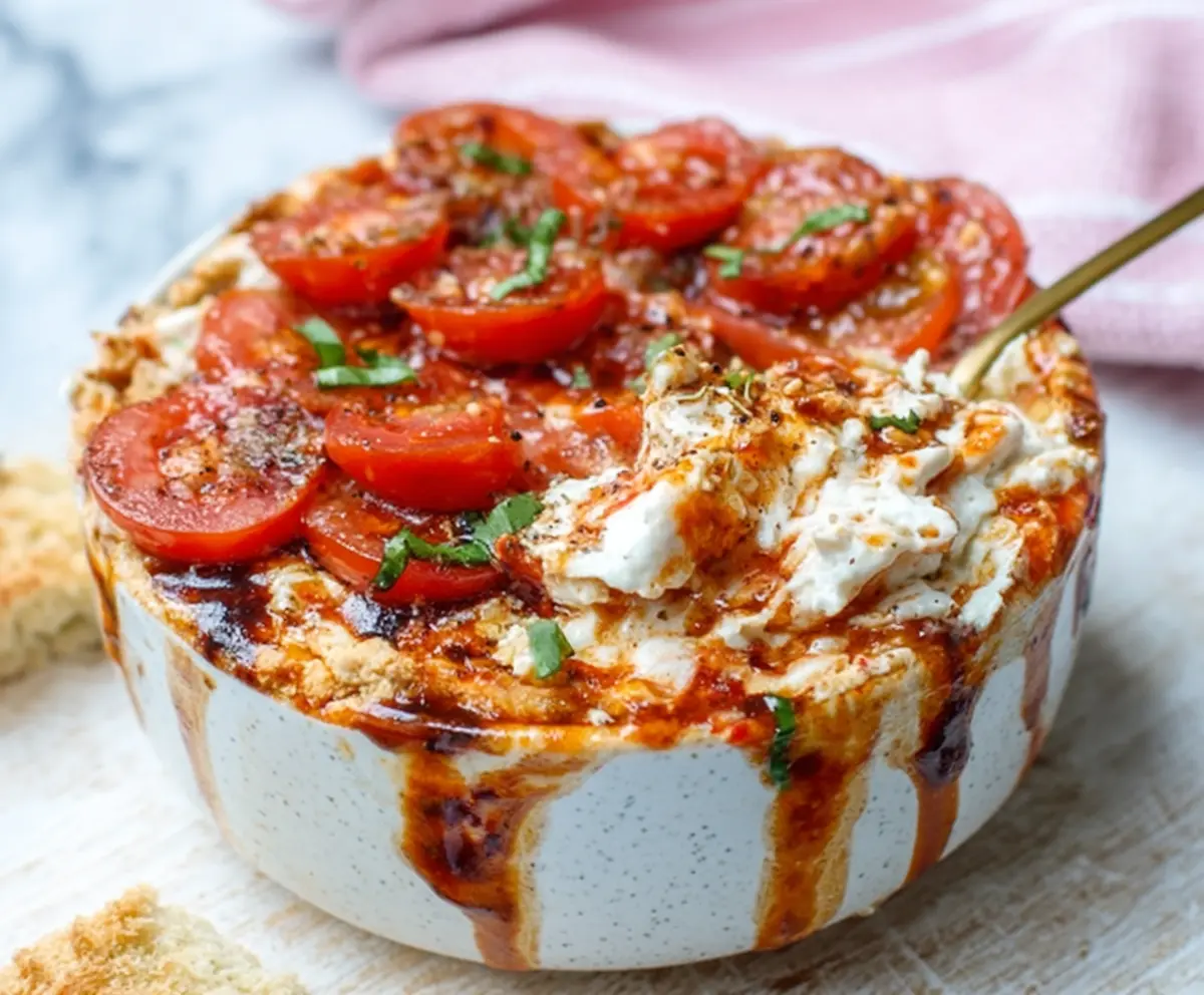 Healthy cottage cheese pizza bowl with fresh vegetables and melted cheese