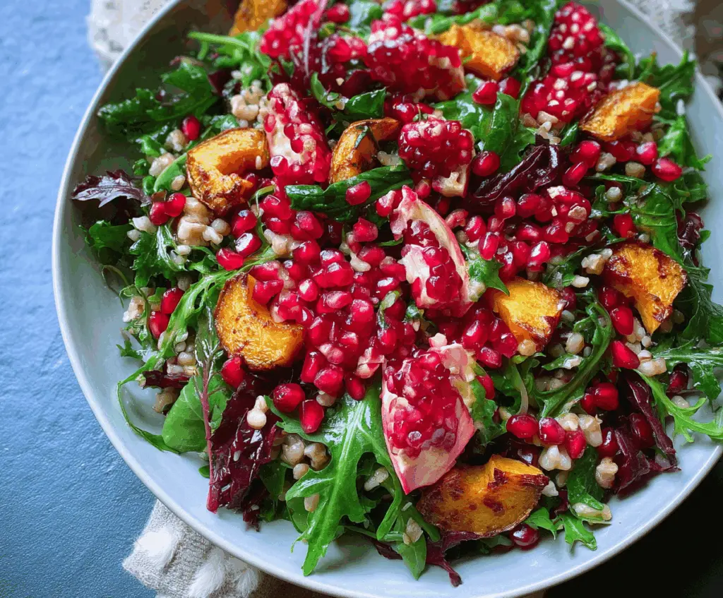 Colorful healthy winter salad with pomegranate, nuts, and greens, perfect for a nutritious meal.