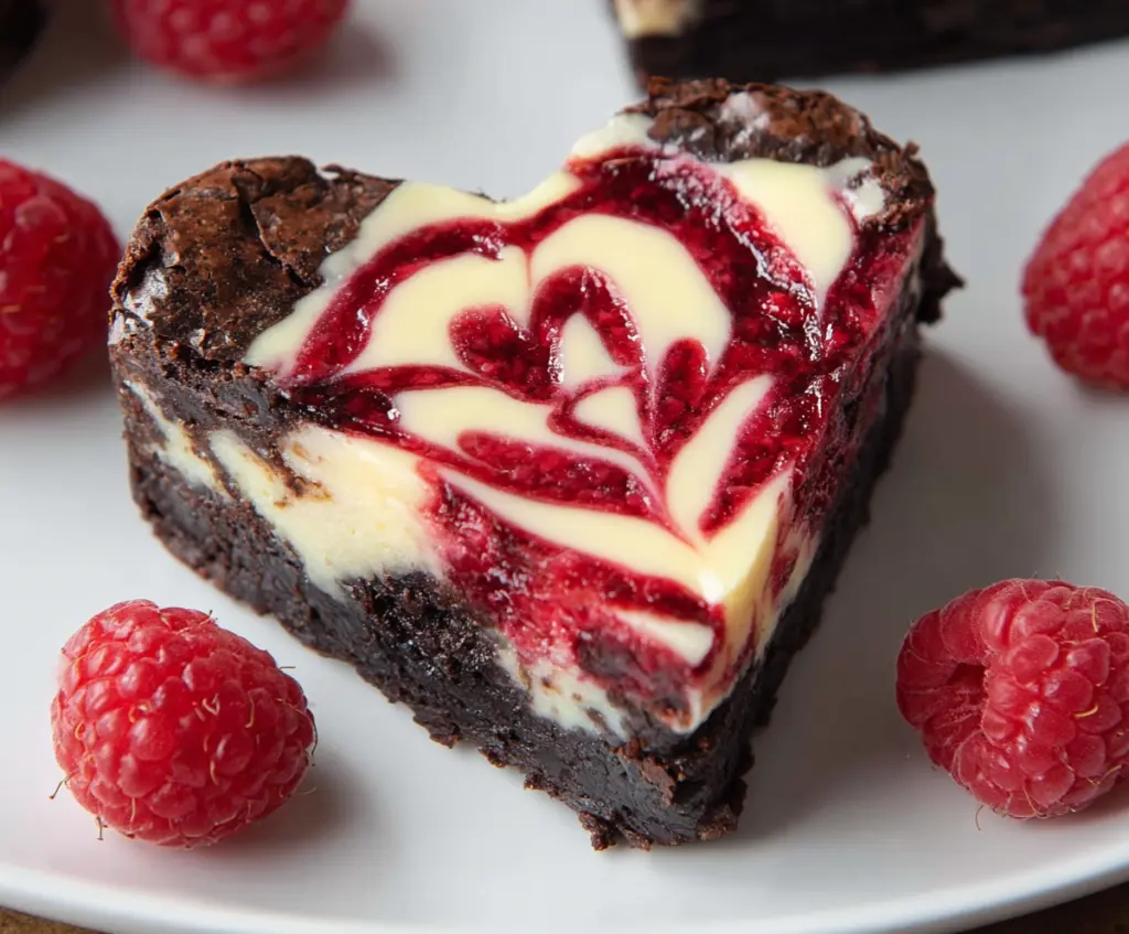 Delicious heart-shaped brownies with raspberry swirl and cheesecake topping, perfect for Valentine's Day dessert.