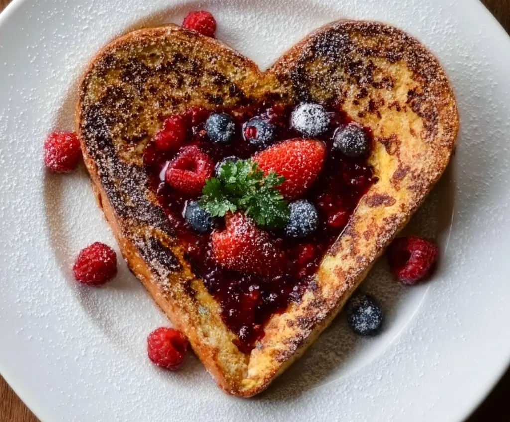 Heart-Shaped French Toast topped with fresh berries and berry compote for a romantic breakfast.