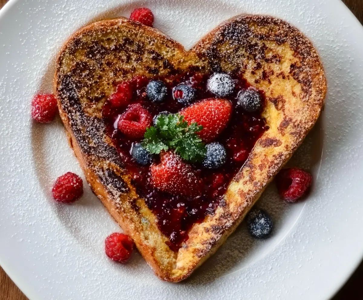 Heart-Shaped French Toast topped with fresh berries and berry compote for a romantic breakfast.