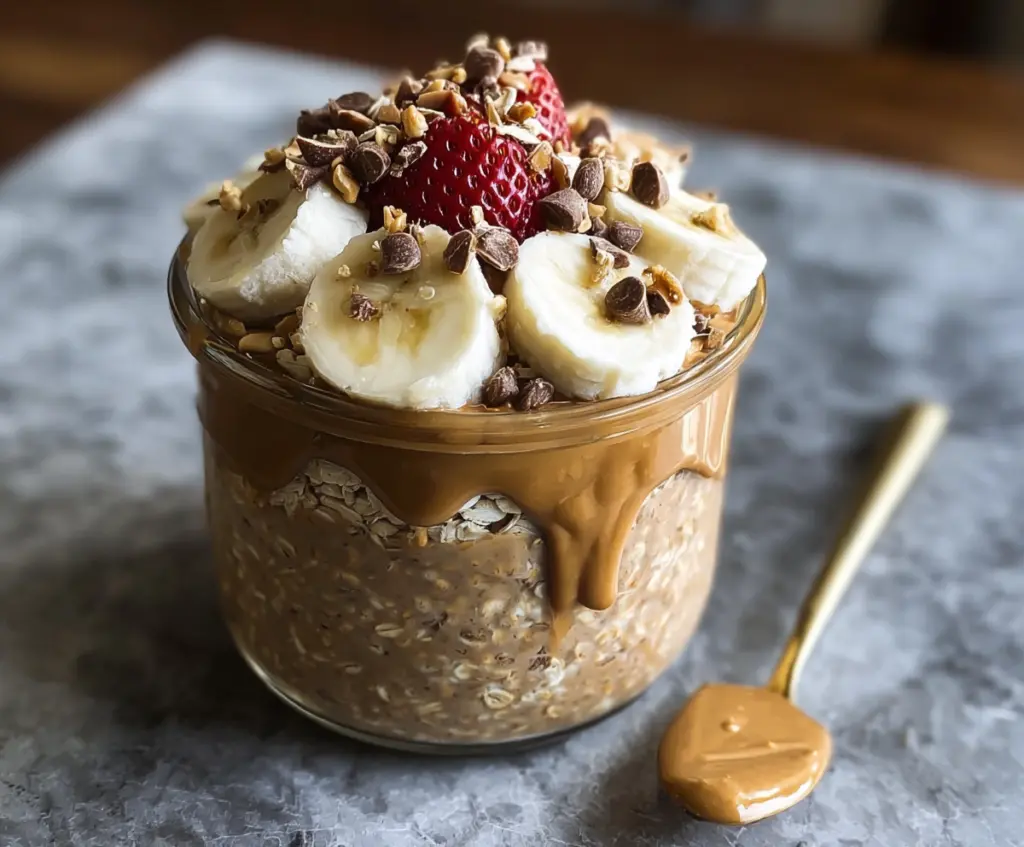 High-protein peanut butter overnight oats in a glass jar topped with sliced bananas and chia seeds.