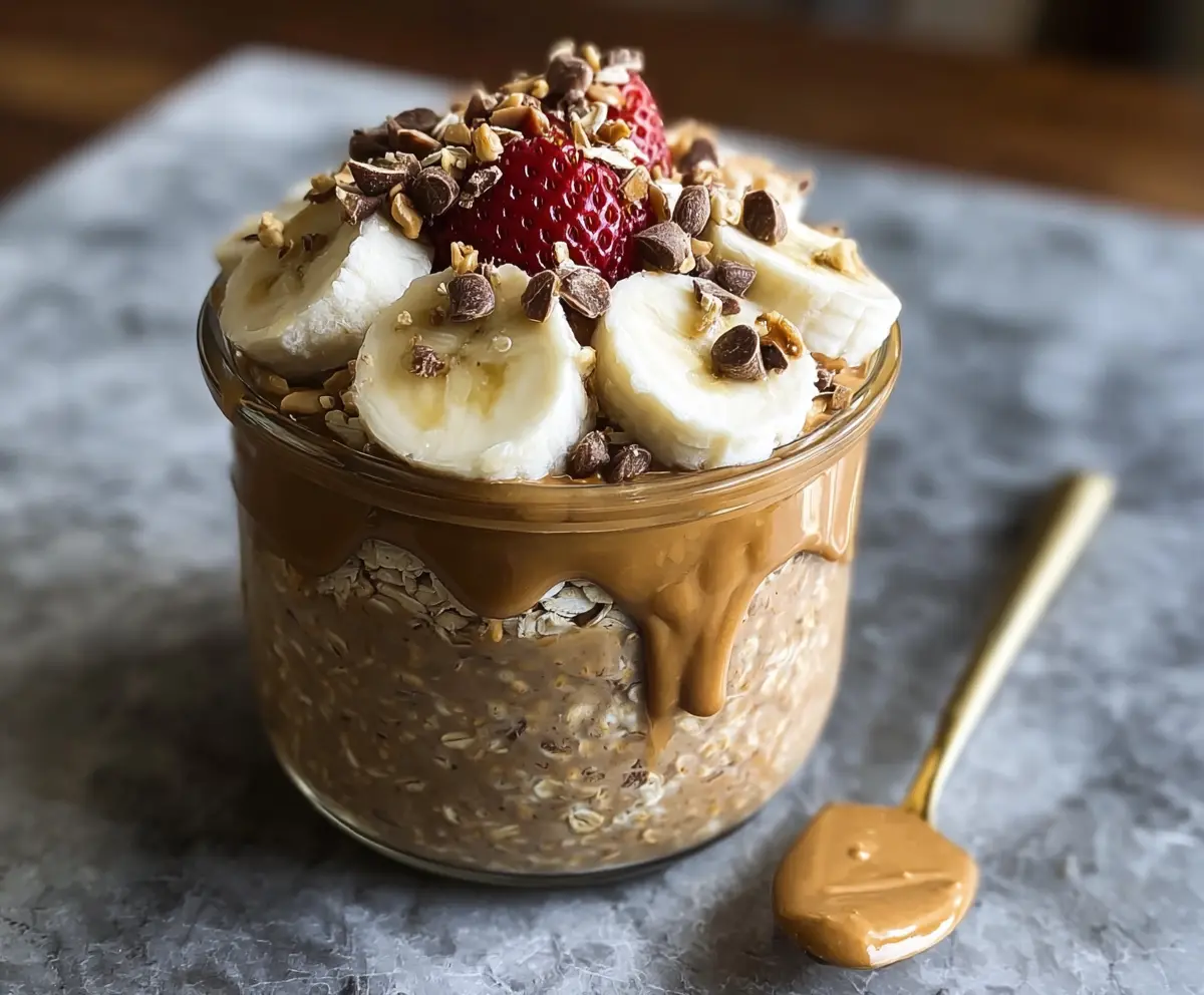 High-protein peanut butter overnight oats in a glass jar topped with sliced bananas and chia seeds.