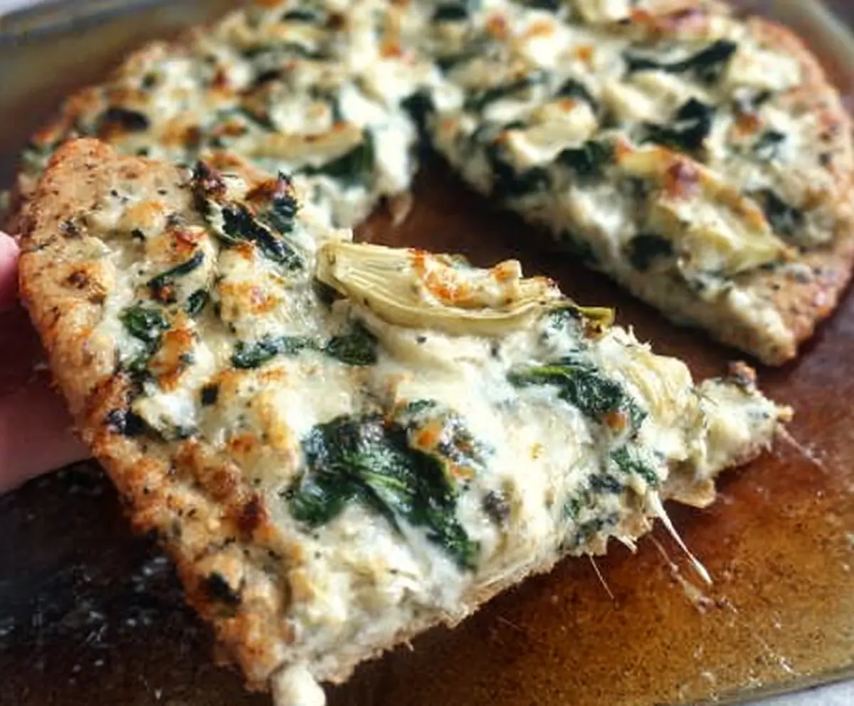 High Protein Spinach Artichoke Pizza