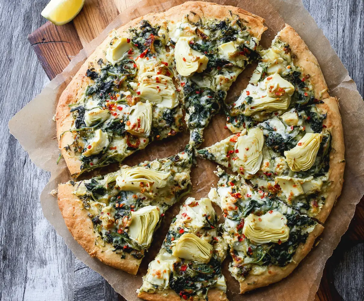 Delicious high protein spinach artichoke pizza topped with fresh spinach and artichoke hearts.
