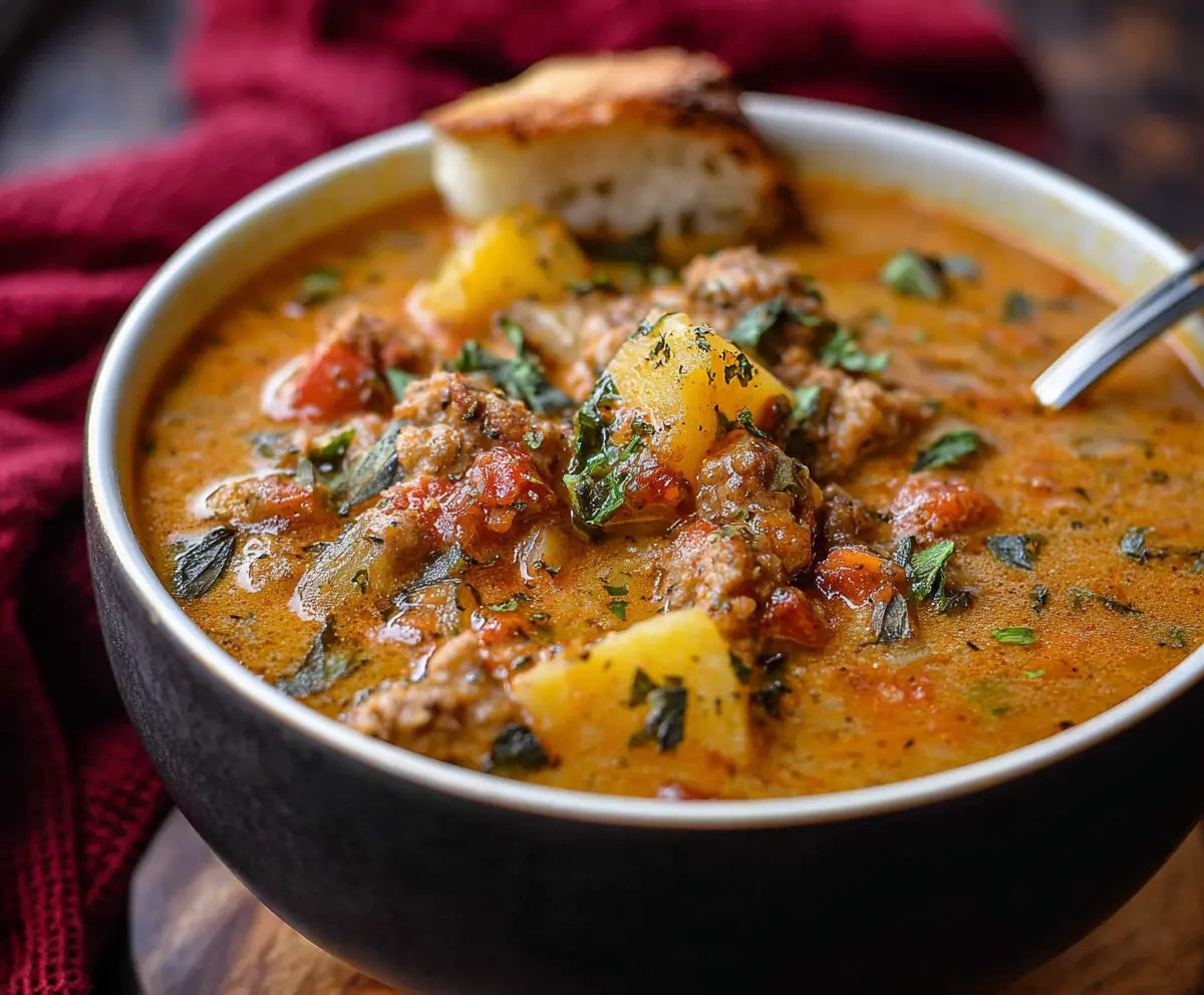 Hearty Italian Sausage Potato Soup in a bowl garnished with fresh herbs.