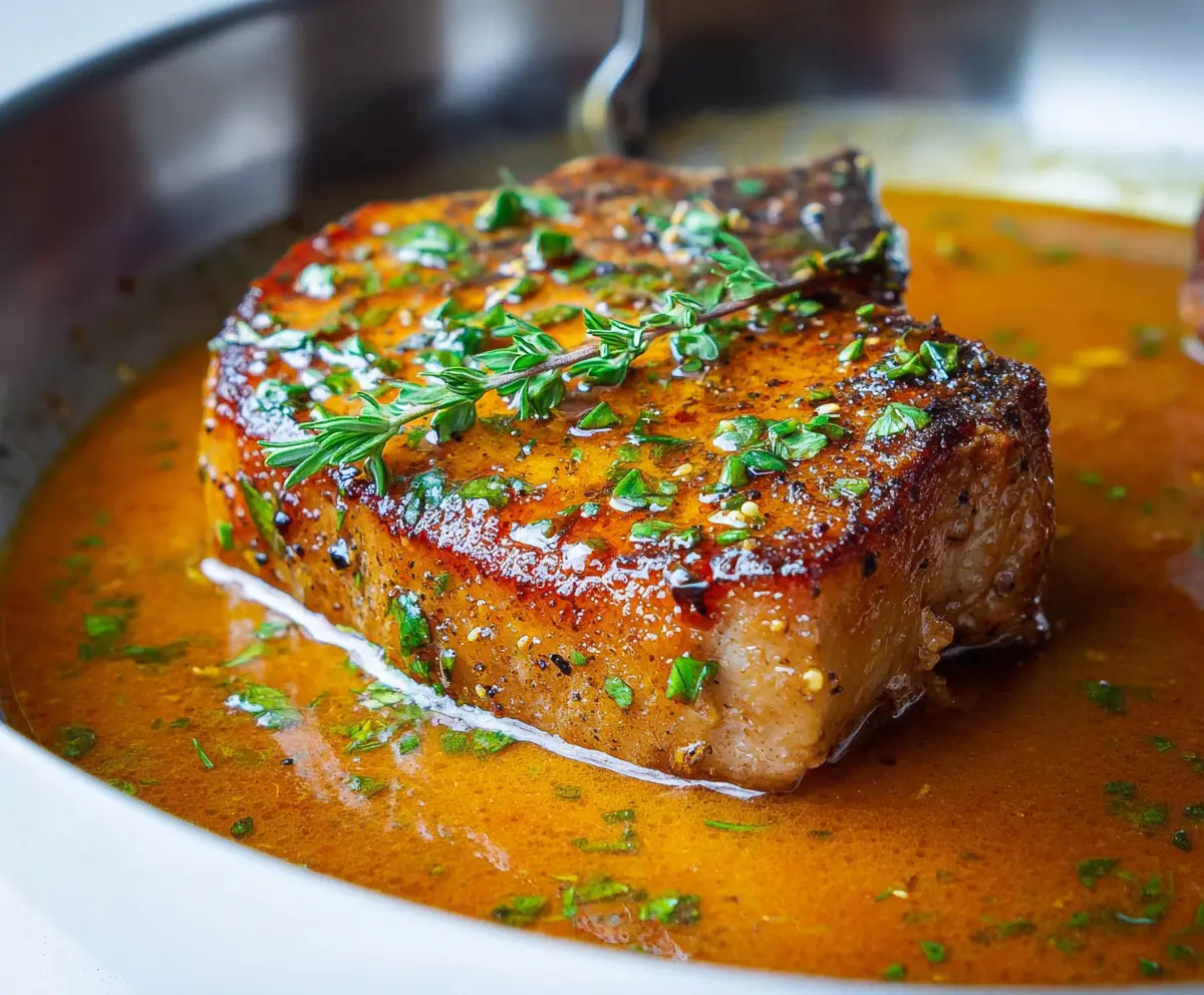Delicious juicy pan-seared pork chops served on a plate with herbs and vegetables.