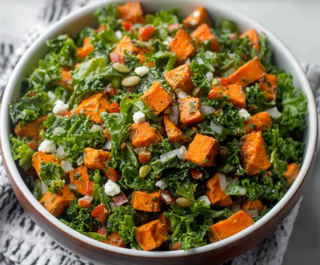 Colorful Kale and roasted sweet potato salad with fresh vegetables and herbs, perfect for a healthy meal.