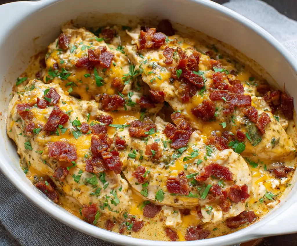 Delicious Keto Crack Chicken served with melted cheese and crispy bacon bits