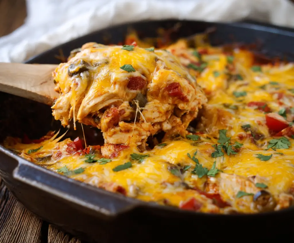 Delicious Keto Mexican Chicken Casserole topped with melted cheese and fresh cilantro