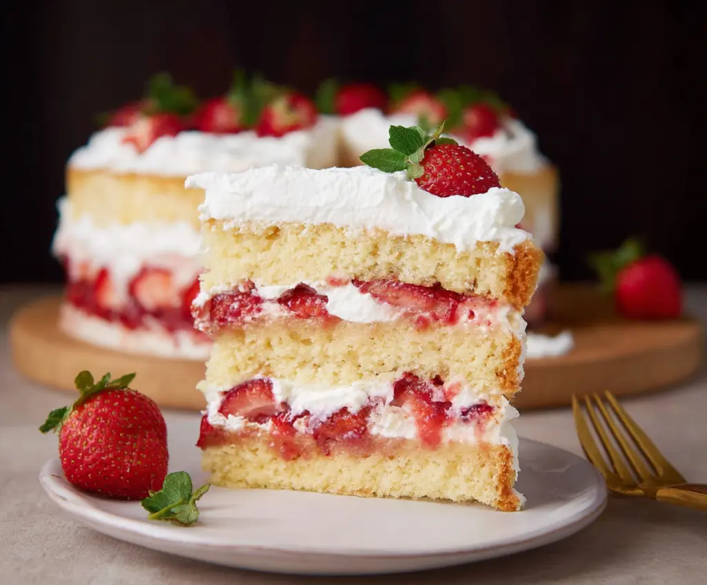 Delicious layered strawberry shortcake cake with creamy frosting and fresh strawberries on top.