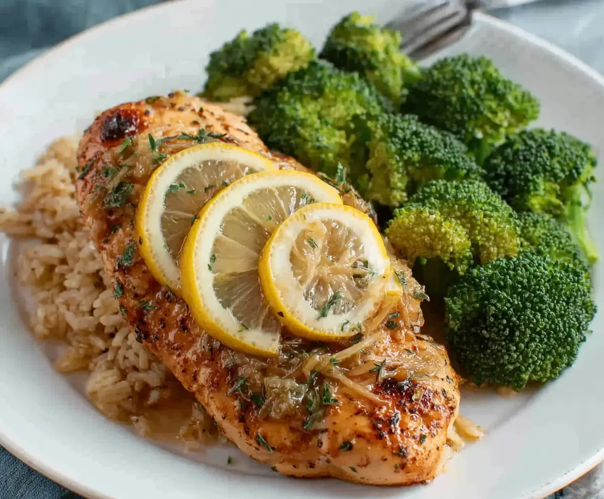 Juicy Lemon Garlic Chicken served with fresh broccoli for a healthy meal.