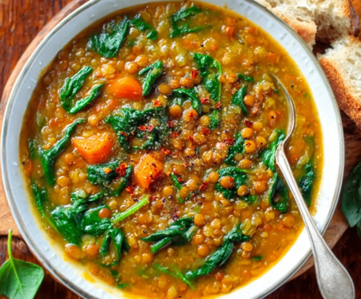 A warm bowl of flavorful lentil and spinach soup, garnished with fresh herbs, perfect for a healthy meal.