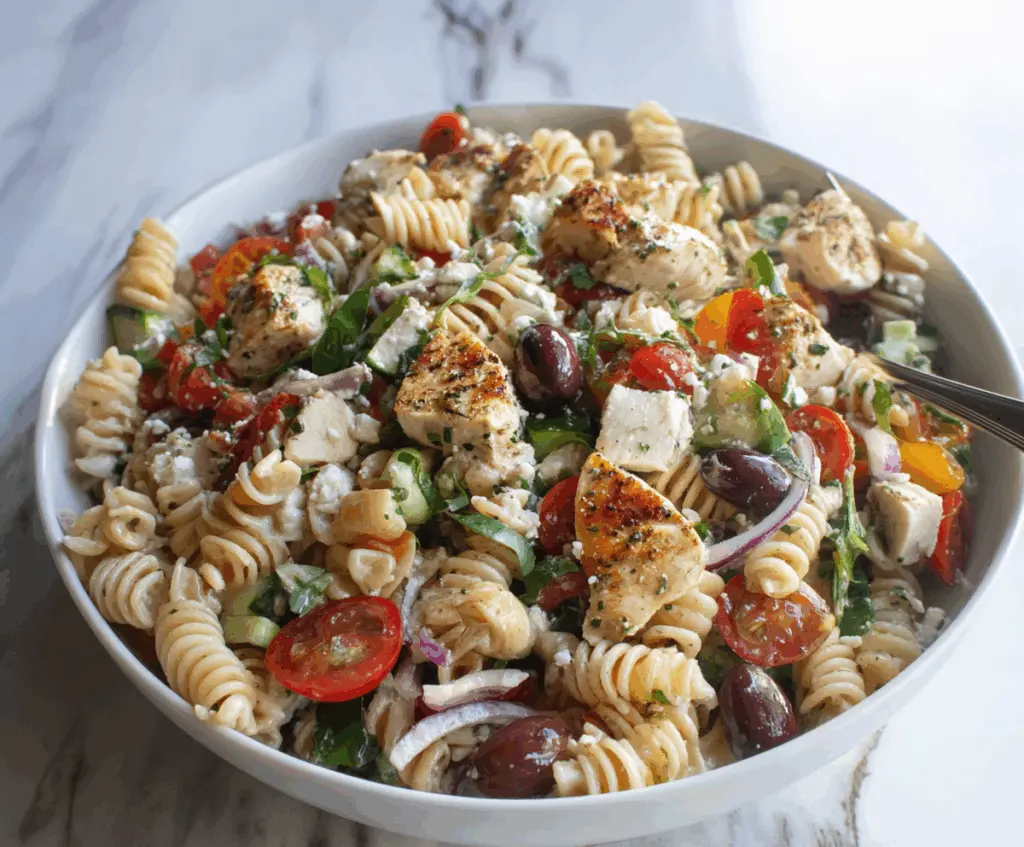 Colorful Mediterranean Chicken Pasta Salad with fresh vegetables and grilled chicken, perfect for a healthy, flavorful meal.