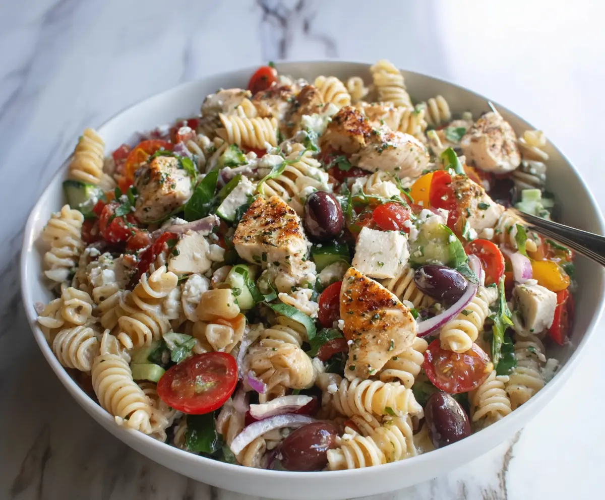 Colorful Mediterranean Chicken Pasta Salad with fresh vegetables and grilled chicken, perfect for a healthy, flavorful meal.