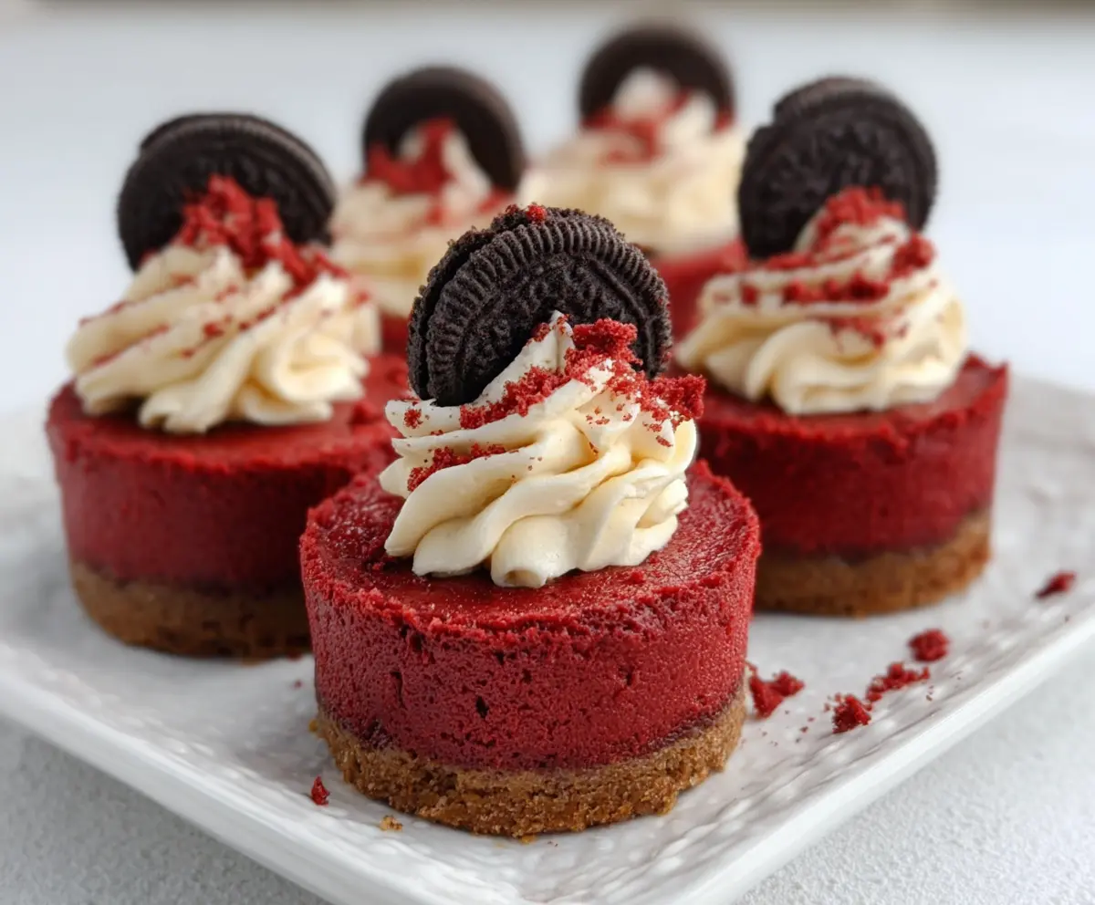 Mini Red Velvet Cheesecake featuring vibrant red layers and creamy topping, perfect for Valentine's Day treats.
