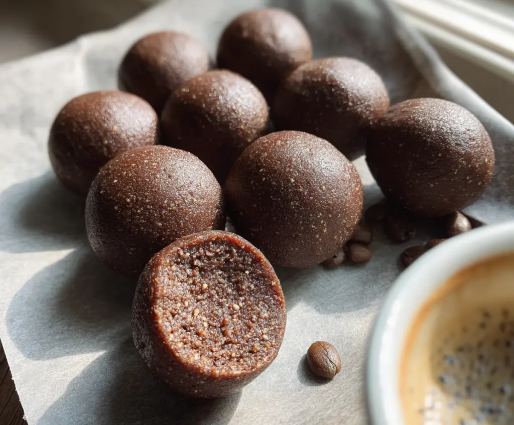 Delicious mocha espresso protein balls on a plate, perfect for a healthy snack or energizing treat.