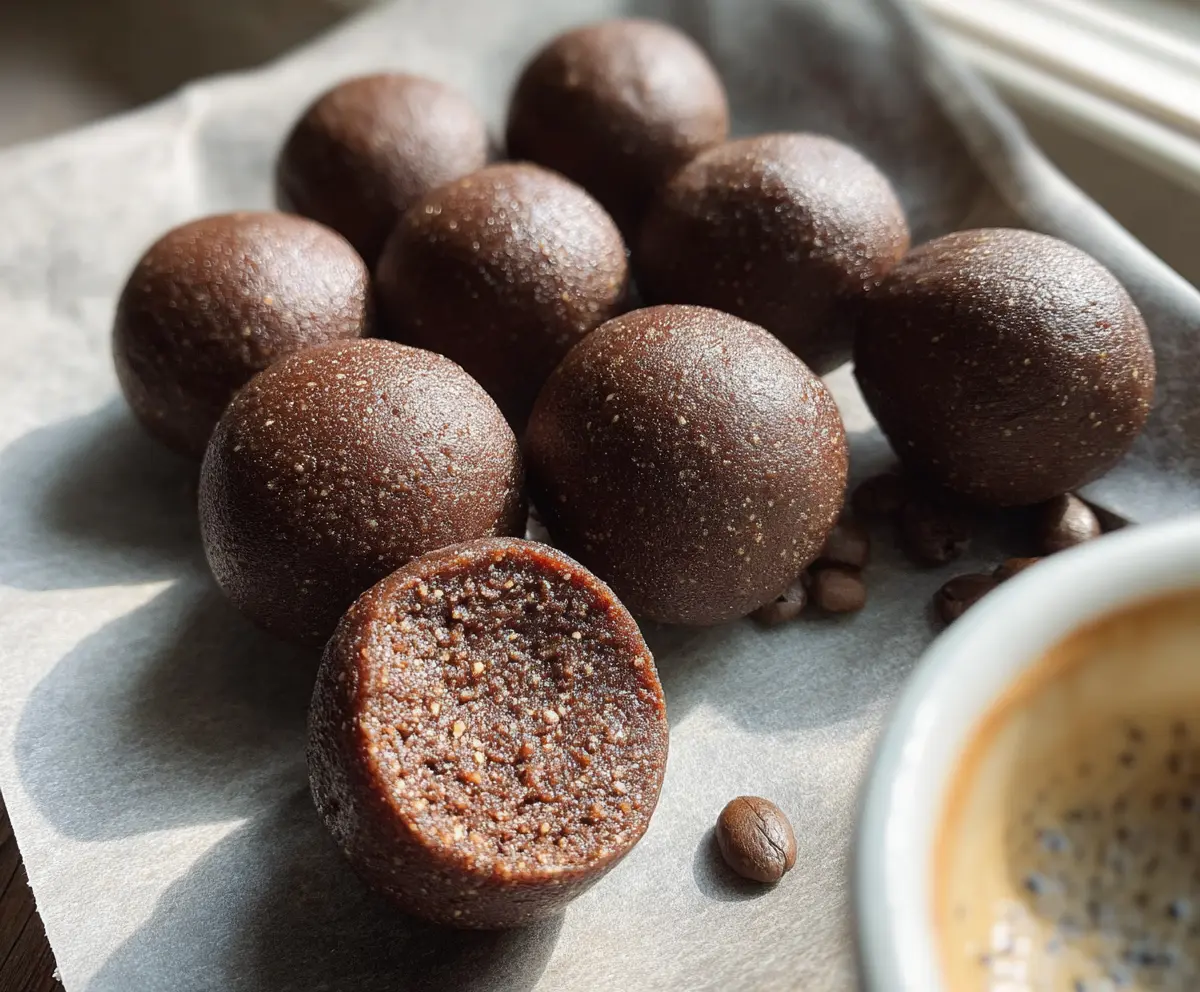 Delicious mocha espresso protein balls on a plate, perfect for a healthy snack or energizing treat.