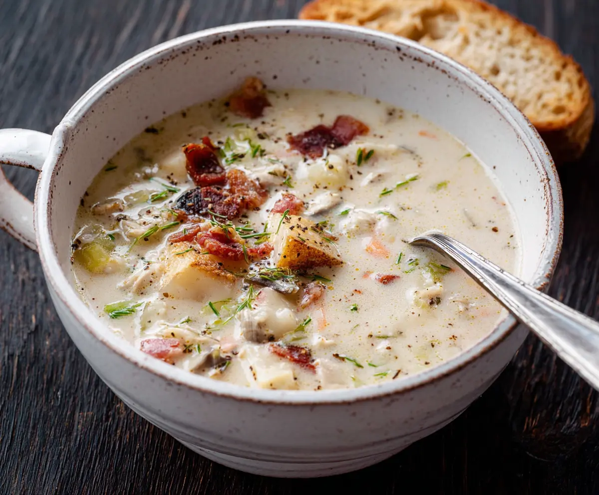 Creamy New England Clam Chowder served in a bowl with fresh herbs on top.