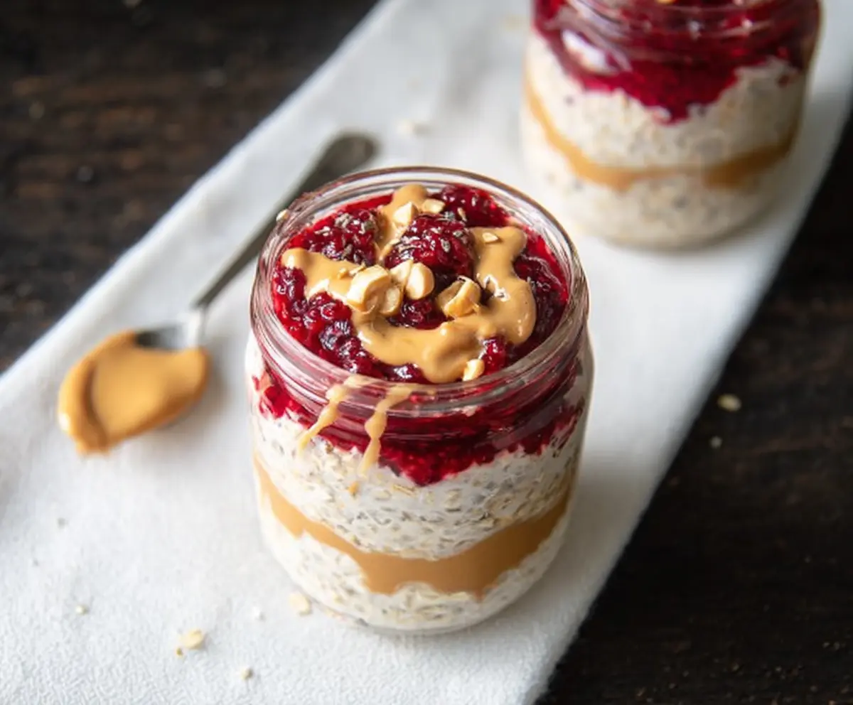 Creamy peanut butter and fruity jelly overnight oats in a glass jar for a nutritious breakfast