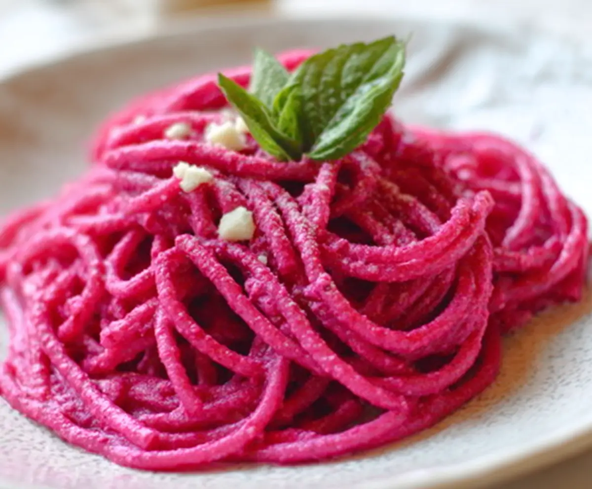 Vibrant pink pasta served with creamy beet sauce, garnished with herbs for a colorful vegan dish.