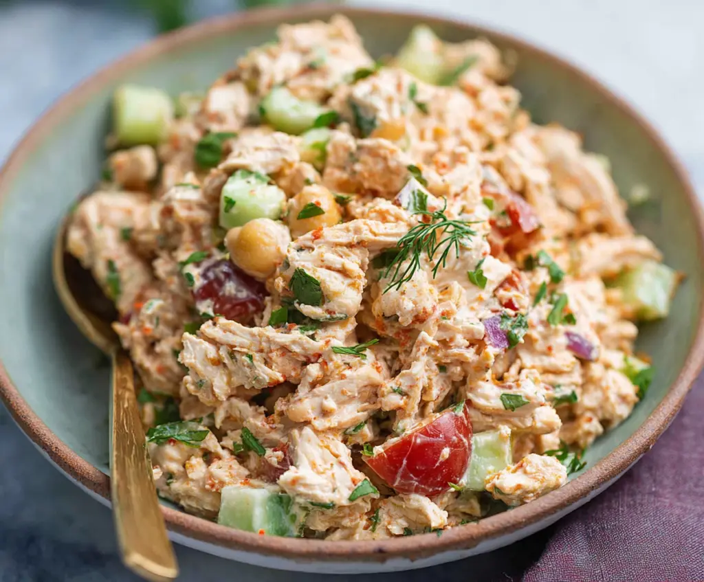 Healthy protein-packed chickpea and chicken salad in a bowl with fresh vegetables.