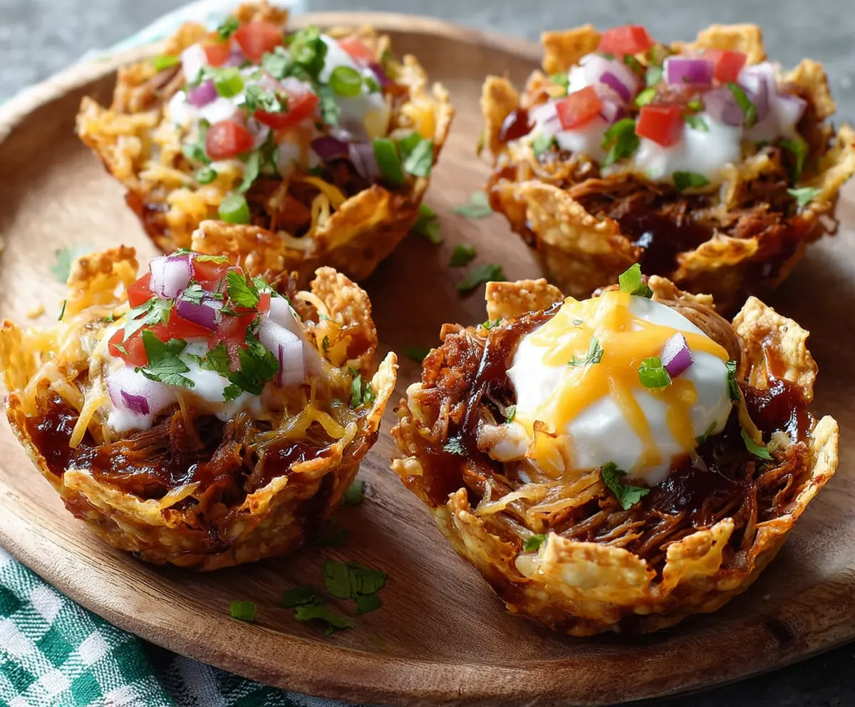 Delicious pulled pork nacho cups topped with melted cheese and fresh toppings, perfect for snack or party appetizer.