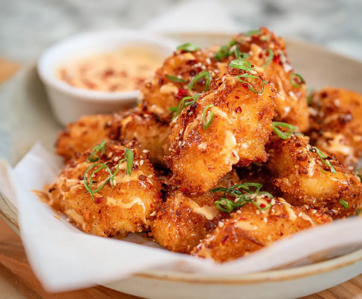 Crispy air fryer Bang Bang chicken served with a side of fresh vegetables