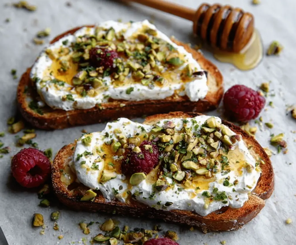 Delicious Raspberry Ricotta Toasts topped with honey and chopped pistachios, perfect for a healthy breakfast or snack.
